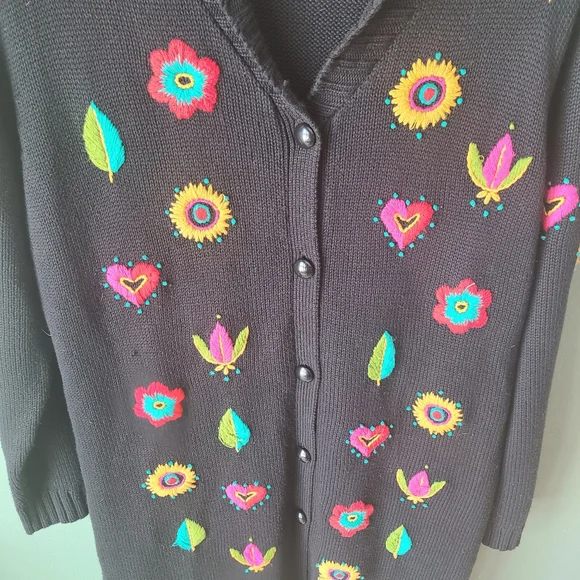 Bob Mackie Embroidered Button Down Duster Cardigan, Size Small - Picture 3 of 6